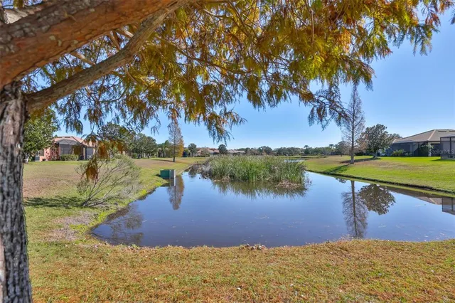 a view of a lake with a yard and trees