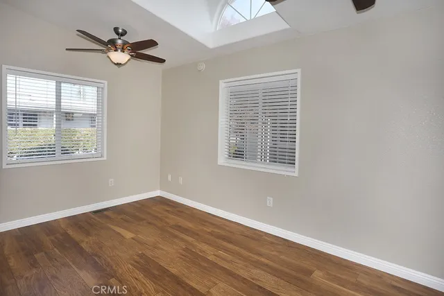 a view of a porch with wooden floor