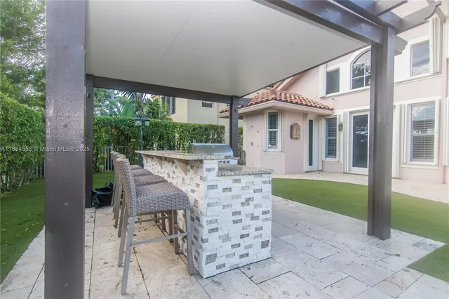 a view of a garden with a slide