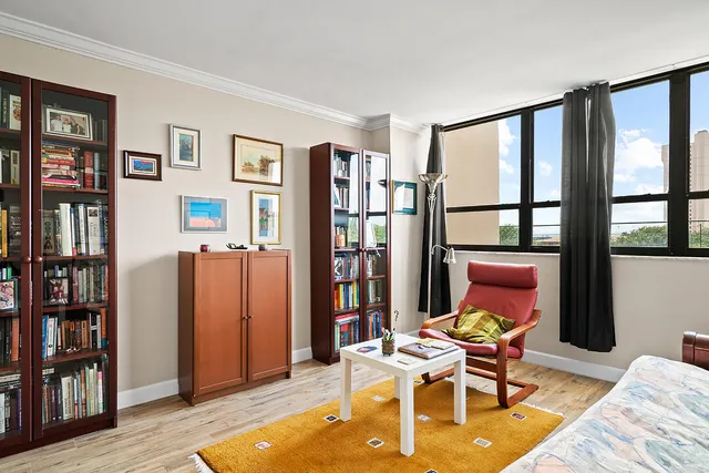 a living room with furniture a bookshelf and a window