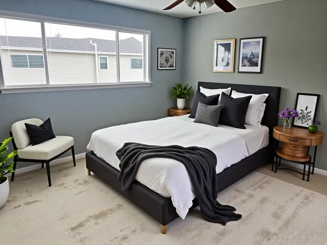 a bedroom with a bed and a large window