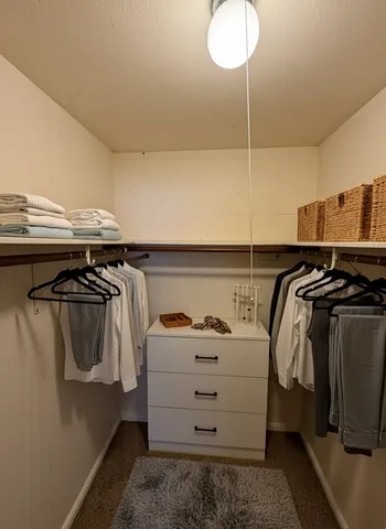 a view of walk in closet with clothes and shoes