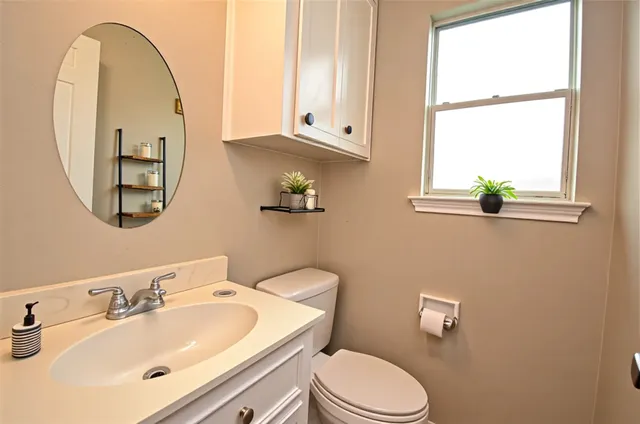 a bathroom with a sink mirror and toilet