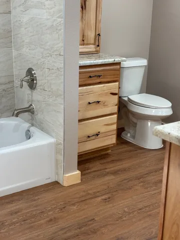 a bathroom with a toilet and a bathtub