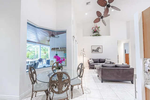 a view of a dining room with furniture window and outside view