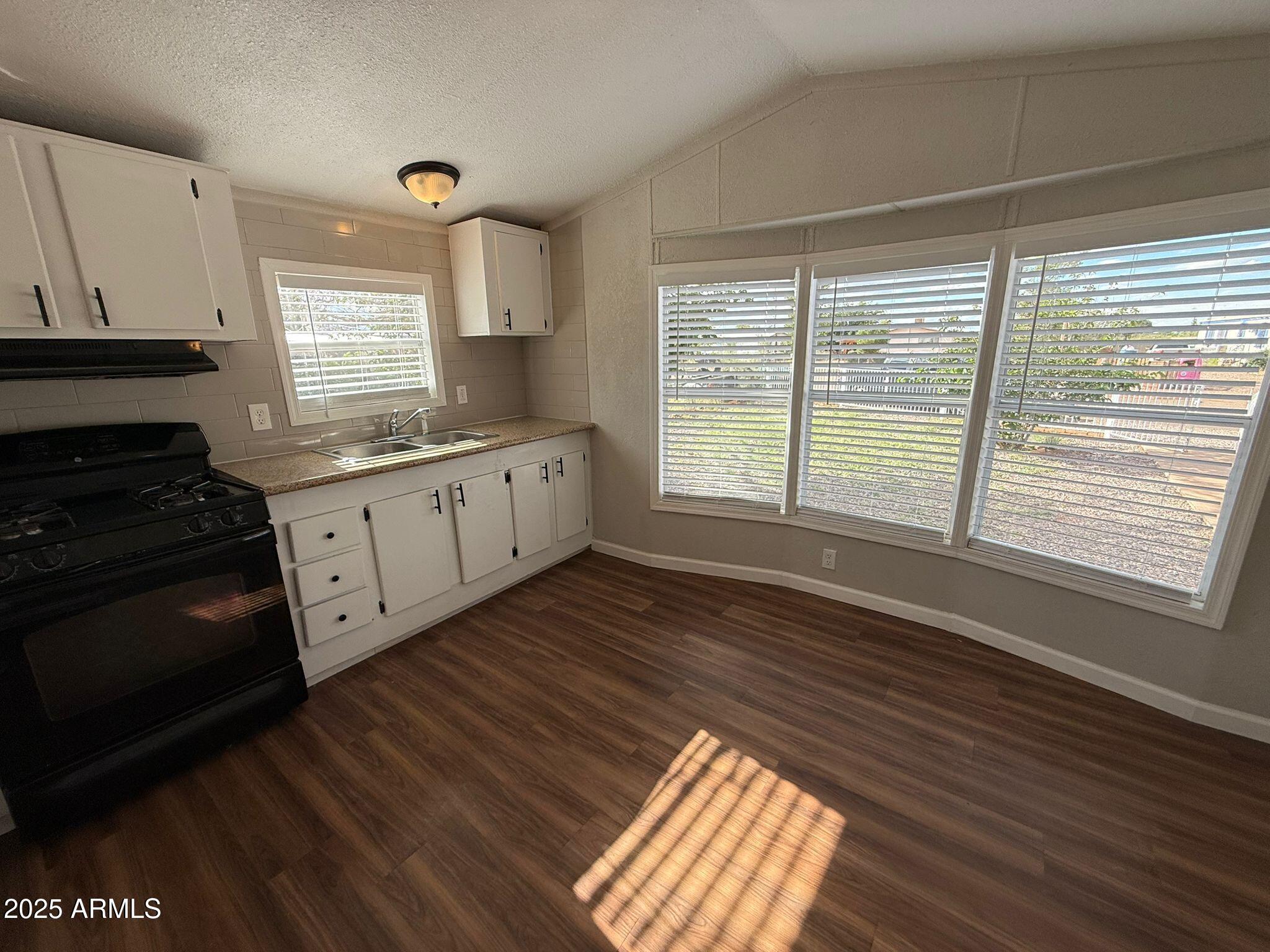 2303 East Carnation Street Douglas, AZ 85607 - Photo 9 of 16 a kitchen with granite countertop a stove a sink and white cabinets with wooden floor