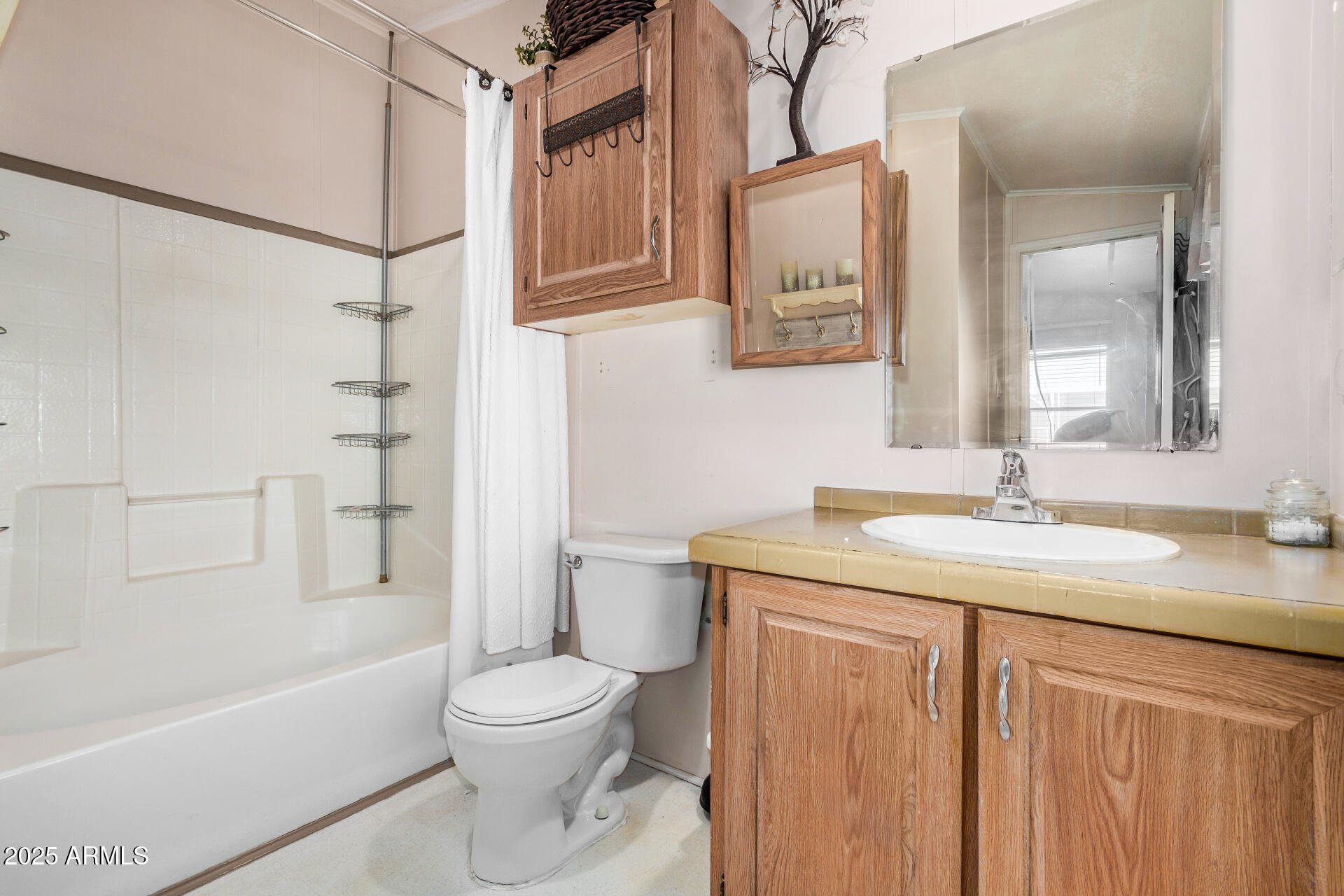 2208 West Baseline Avenue, Unit 114 Apache Junction, AZ 85120 - Photo 17 of 28 a bathroom with a granite countertop sink toilet a mirror and shower