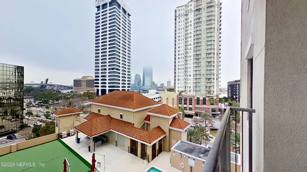 a city view with tall buildings