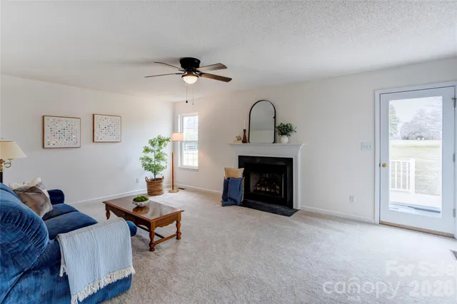 a living room with furniture a window and a fireplace