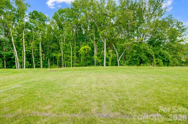 a view of a field with trees in the background