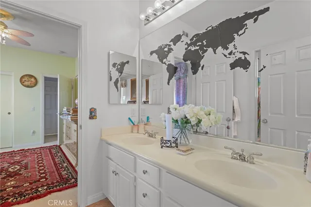 a bathroom with a sink a mirror and a shower