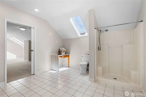 a bathroom with a shower and a toilet