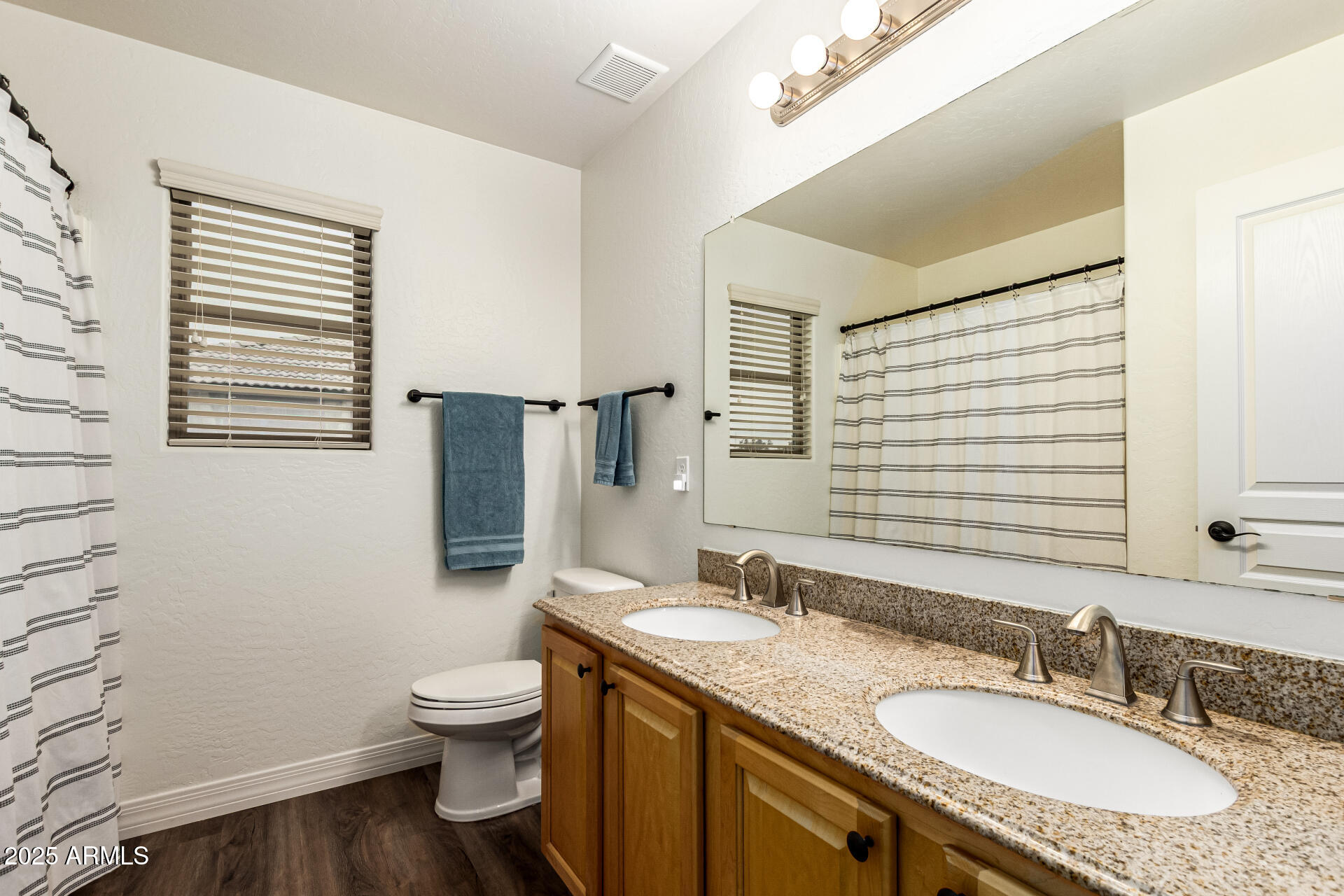 3721 South Martingale Road Gilbert, AZ 85297 - Photo 59 of 67 a bathroom with a granite countertop toilet a sink and a large mirror