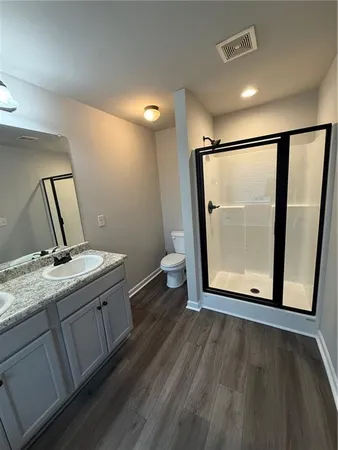 a bathroom with a granite countertop sink toilet and mirror
