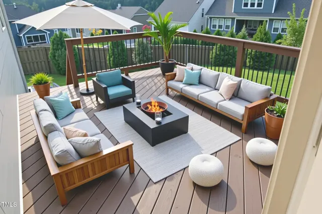 a outdoor living room with furniture and wooden floor