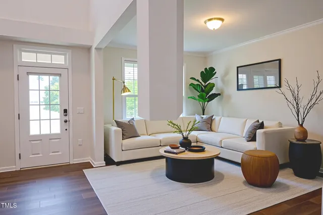 a living room with furniture potted plant and window