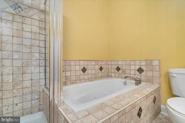 a bathroom with a bathtub and toilet