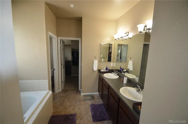 a bathroom with a tub sink and mirror