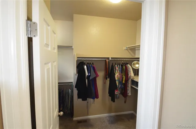 a view of walk in closet with clothes