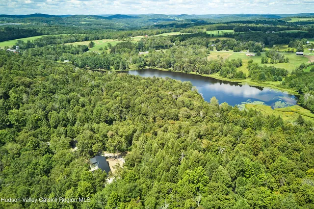 a view of a lake in middle of the town