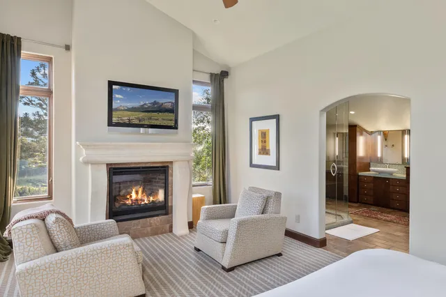 a bathroom with glass door