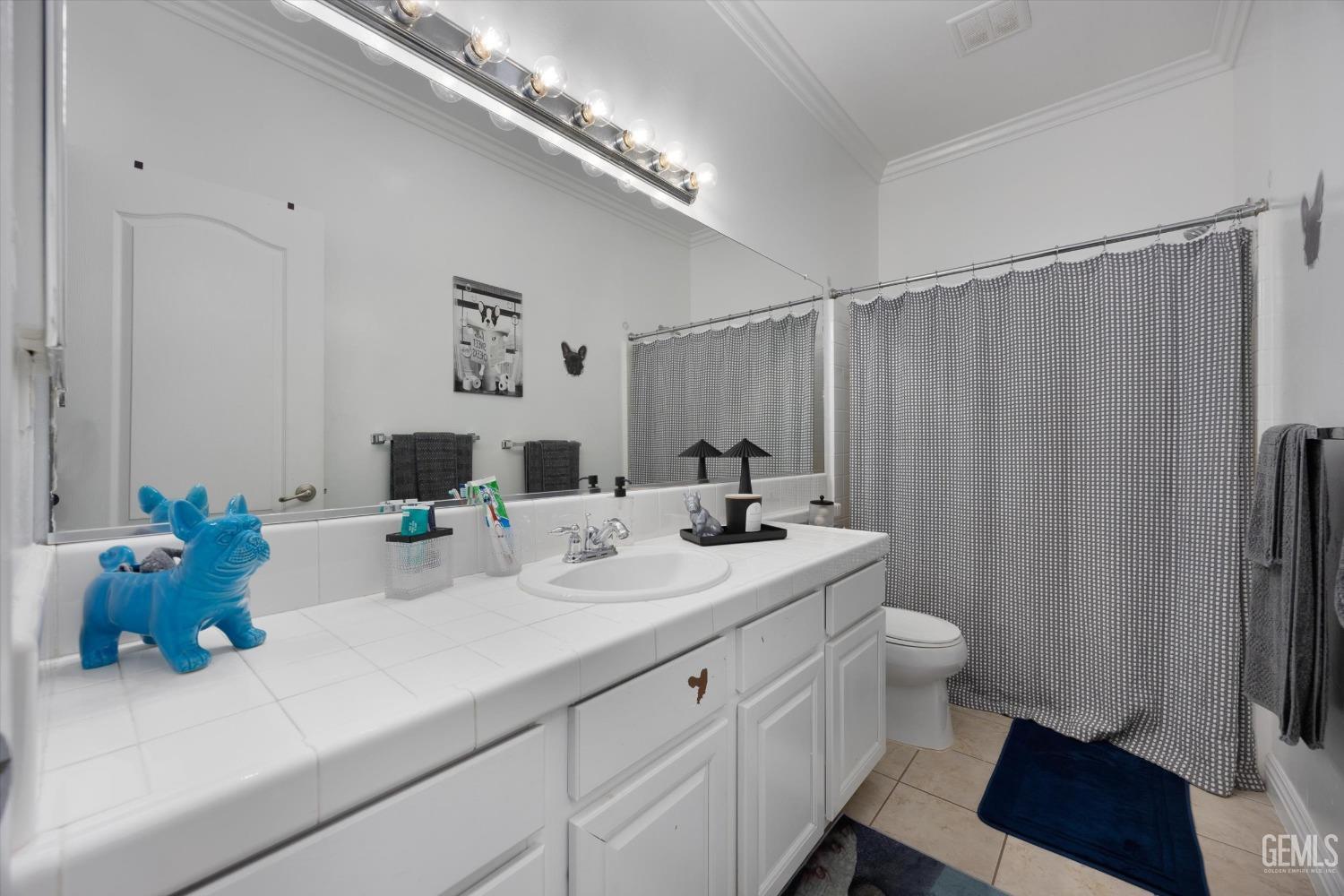 Undisclosed Address Bakersfield, CA 93312 - Photo 32 of 47 a bathroom with a sink a mirror a vanity and a shower