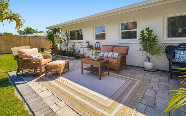 a building outdoor space with patio furniture