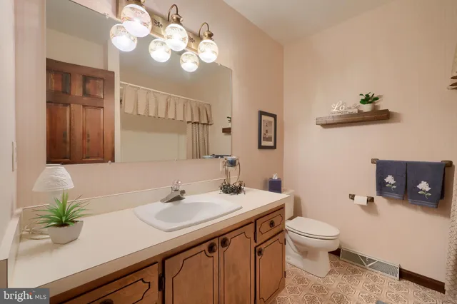 a bathroom with a sink a toilet and a mirror