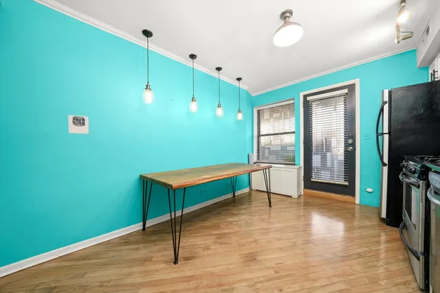 a room with table and closet