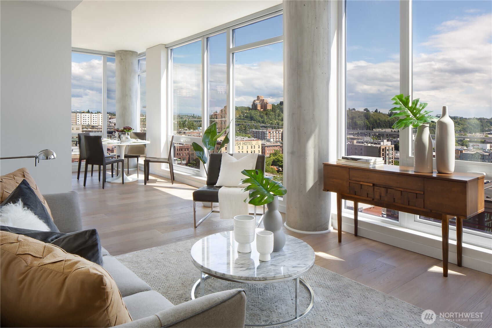 a living room with furniture and a potted plant