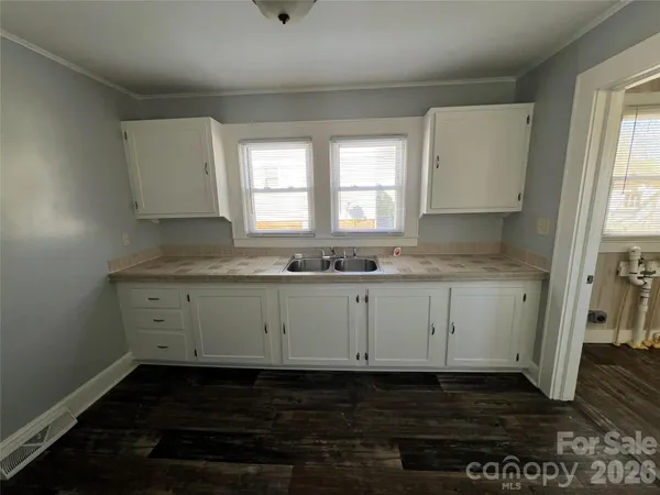 a view of cabinets a sink and a dishwasher with wooden floor