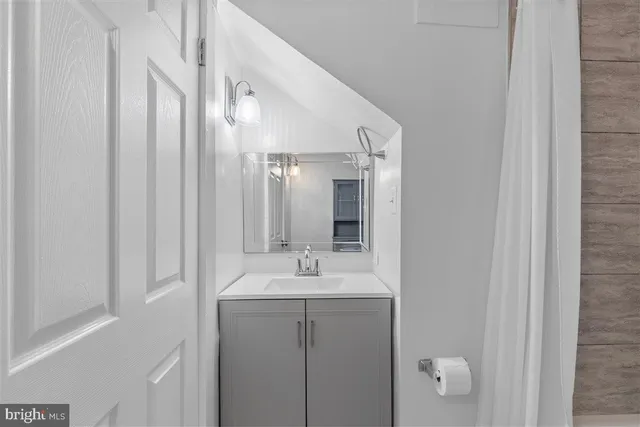 a bathroom with a sink a mirror and a shower