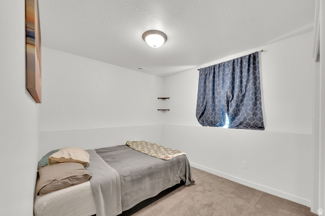 6120 North Sheps Ridge Road Eagle Mountain, UT 84005 - Photo 15 of 43 Carpeted room featuring a window with patterned curtains, a flush-mount ceiling light, and wall-mounted shelving
