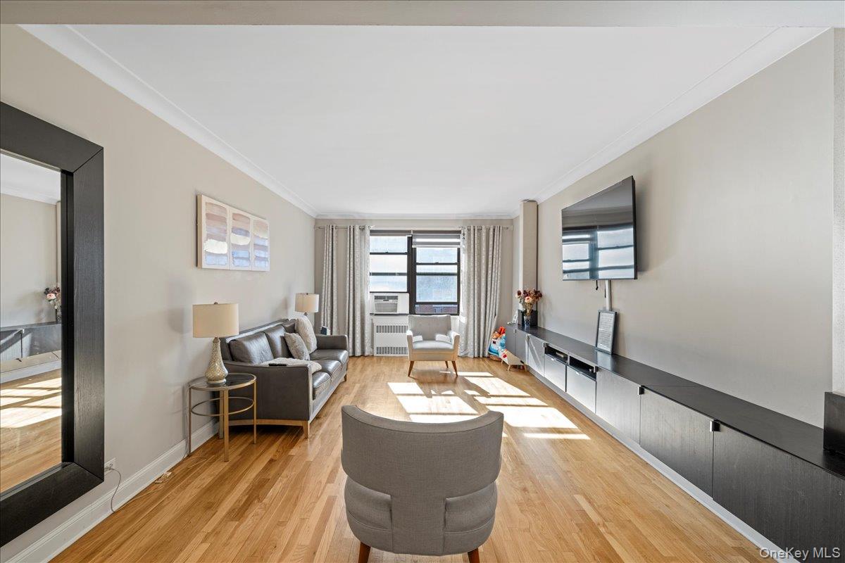 110-45 71st Road, Unit 6D Queens, NY 11375 - Photo 3 of 20 Living room featuring crown molding, light wood-type flooring, and radiator