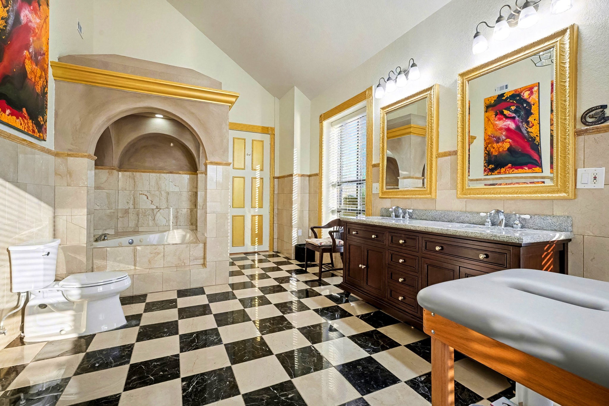1200 Davenport Parkway Rosharon, TX 77583 - Photo 19 of 49 Elegant primary bath with checkered marble floors, dual vanities, and luxurious arched
jetted tub alcove.