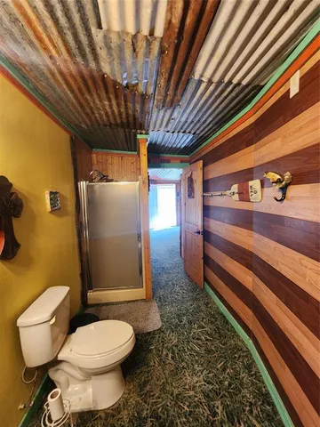 a bathroom with a toilet and a shower