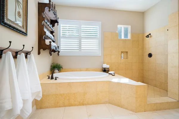 a bathroom with a bathtub and a shower