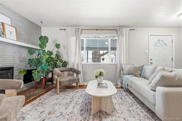 a living room with furniture and a potted plant
