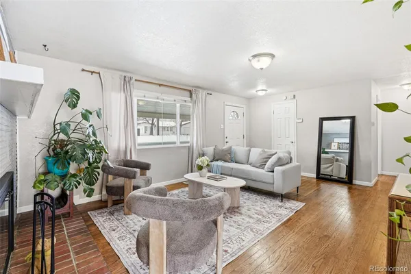 a living room with furniture and a potted plant