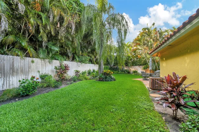 a view of a backyard with potted plants and large trees