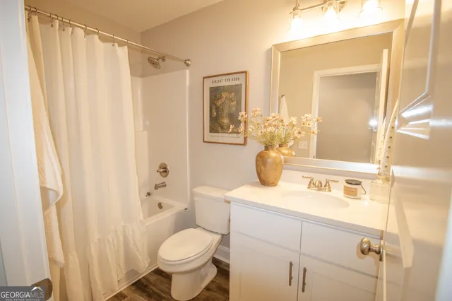 a bathroom with a sink a toilet and shower curtain