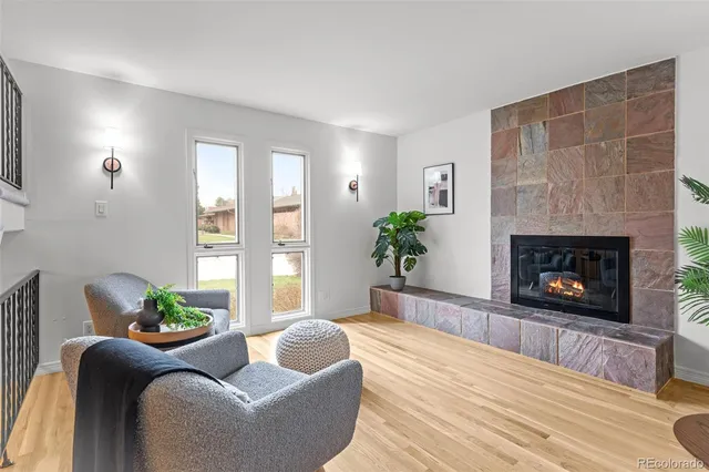 a living room with furniture and a fireplace