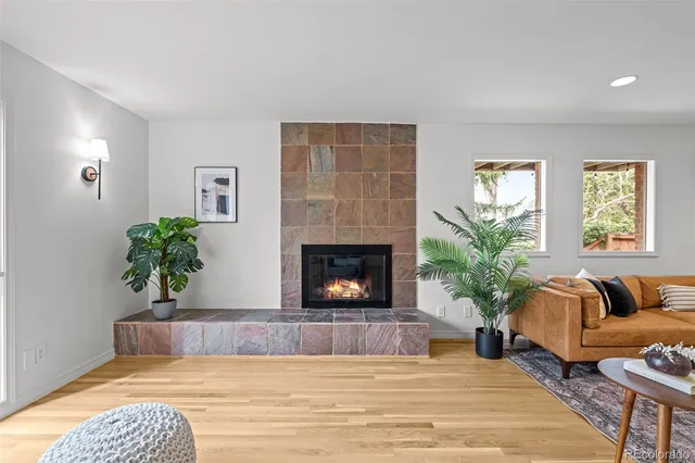 a living room with furniture and a fireplace