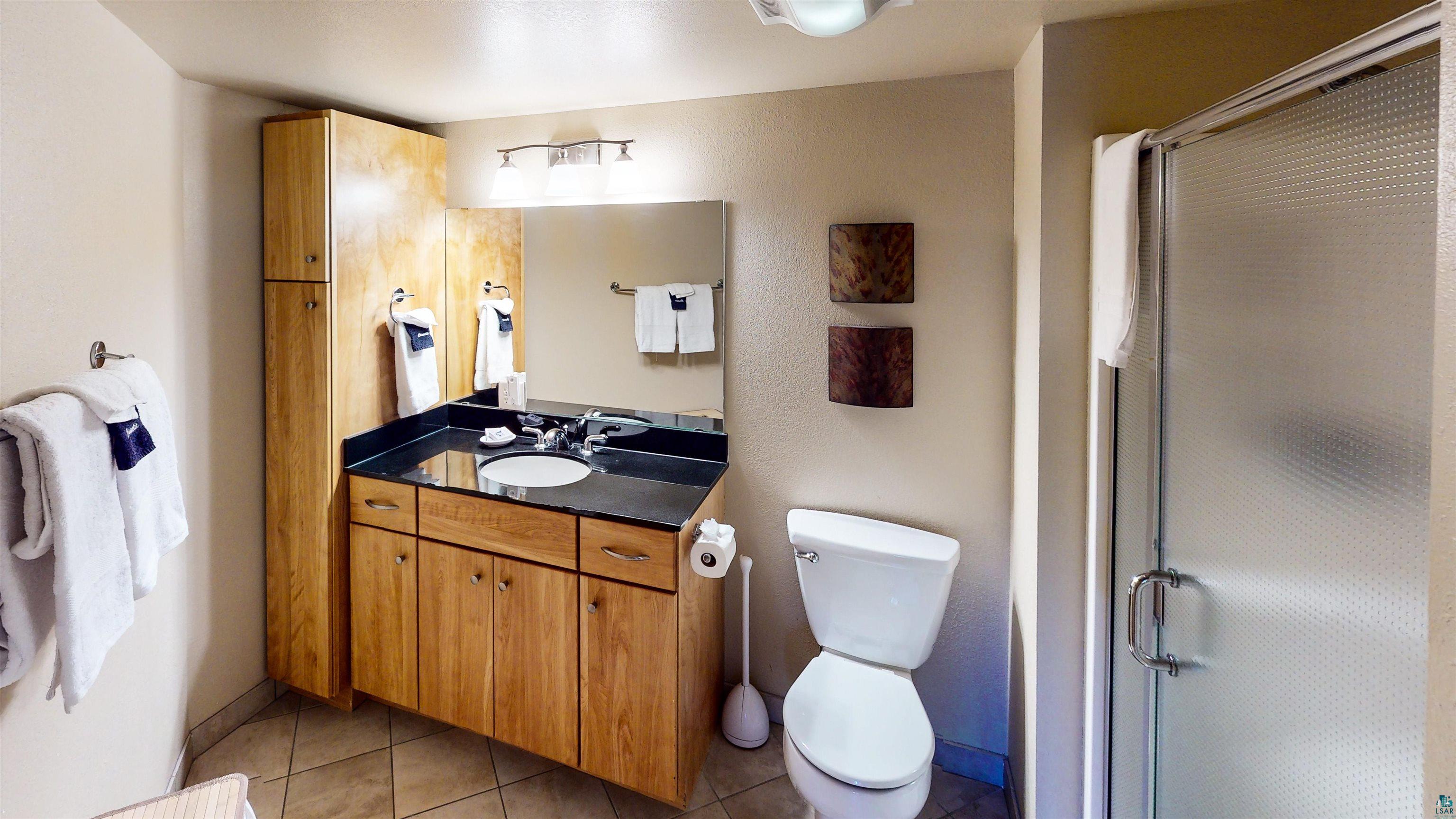 40 Surfside Drive, Unit 5D Tofte, MN 55615 - Photo 37 of 37 Bathroom featuring a light wood-finish vanity with a dark countertop, an integrated sink, a frameless mirror, and a shower with a frosted glass door