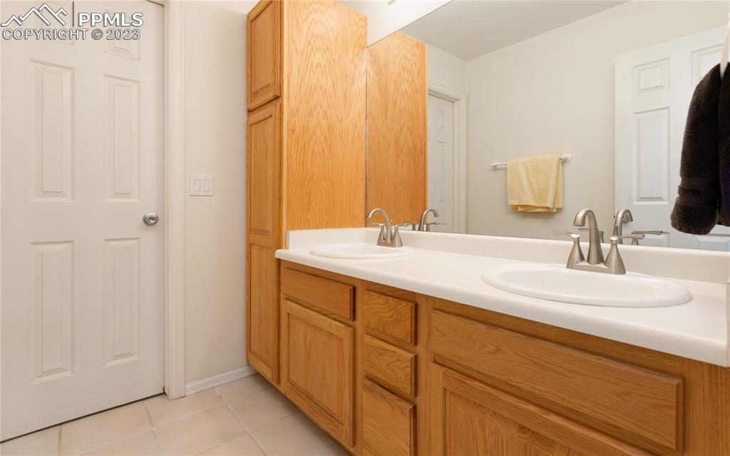 840 West Kelly Road Woodland Park, CO 80863 - Photo 17 of 37 a bathroom with a double vanity sink and a mirror