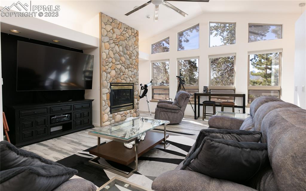 840 West Kelly Road Woodland Park, CO 80863 - Photo 4 of 37 a living room with furniture a flat screen tv and a fireplace