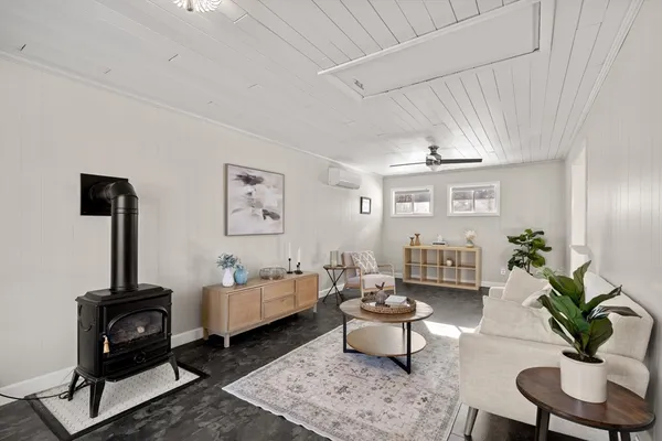 a living room with furniture a couch and a potted plant