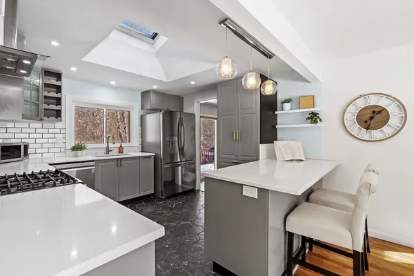 a kitchen with a sink a stove and a refrigerator