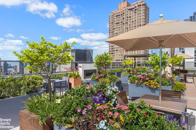 a view of a chair and table under an umbrella in the garden