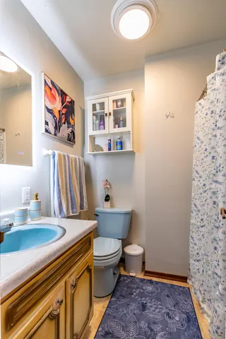 a bathroom with a sink a toilet and a shower curtain